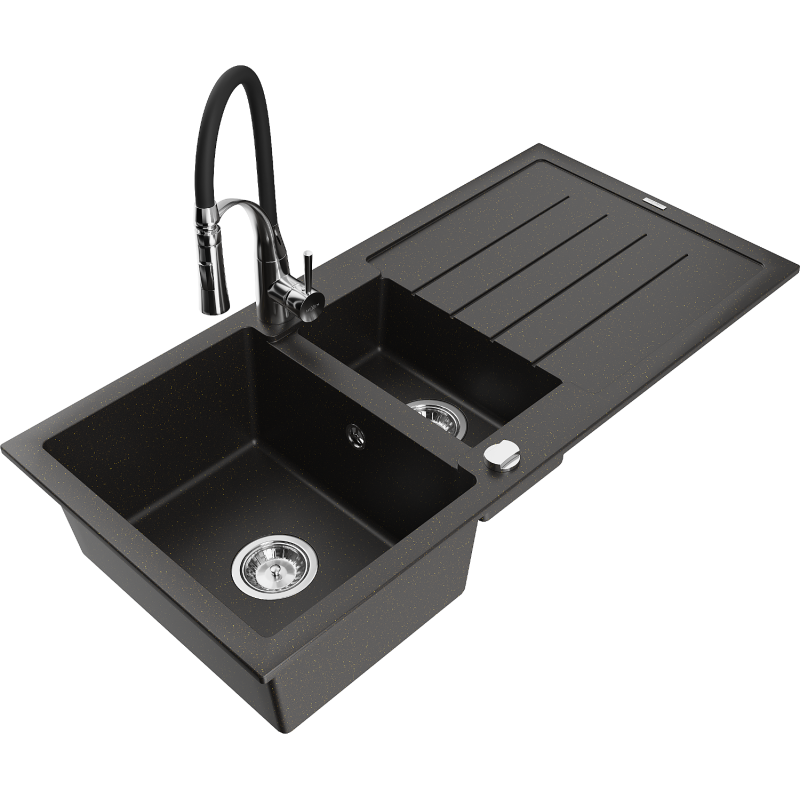 Mexen Andres 1.5-compartment granite sink with a drip tray and kitchen mixer tap Aster, Black/Gold metallic - 6515-75-73450-07