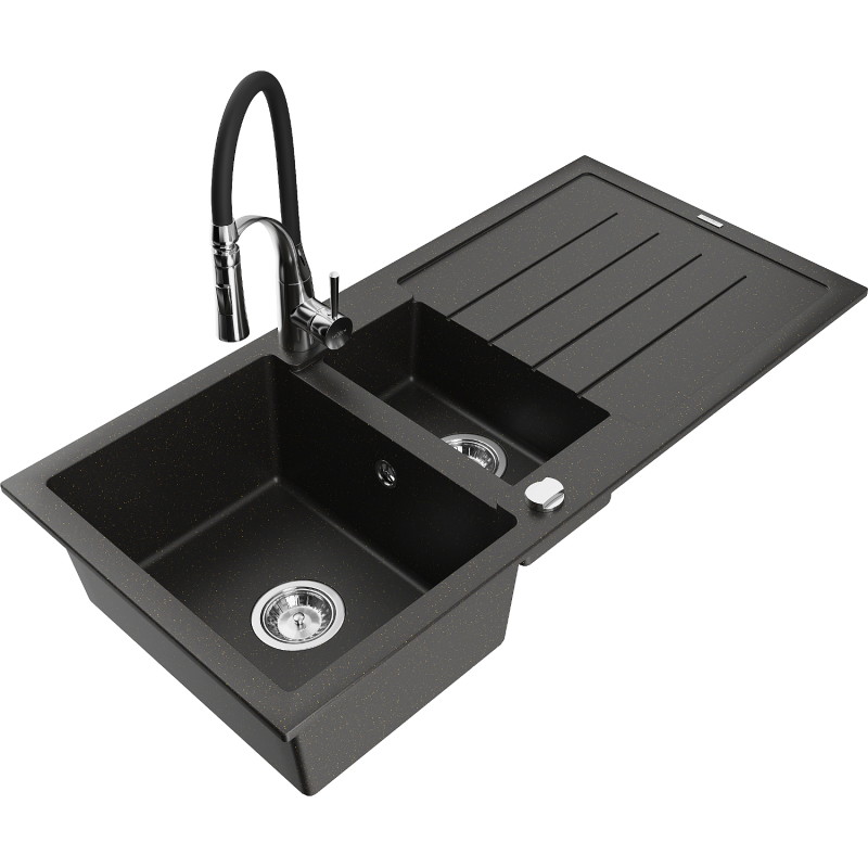 Mexen Andres granite sink 1.5-bowl with drainer and Aster kitchen faucet, black/gold metallic - 6515-75-73450-07