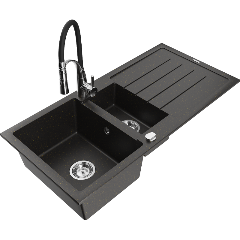 Mexen Andres granite sink 1.5-bowl with drainer and Aster kitchen tap, black/gold metallic - 6515-75-73450-07