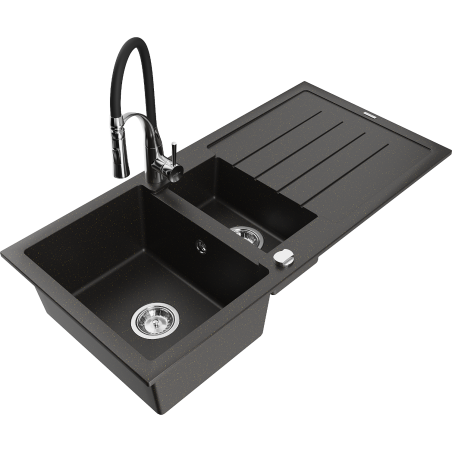 Mexen Andres 1.5-compartment granite sink with a drip tray and kitchen mixer tap Aster, Black/Gold metallic - 6515-75-73450-07