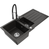 Mexen Andres granite sink 1.5-bowl with drainer and Aster kitchen faucet, black/gold metallic - 6515-75-73450-07