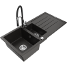 Mexen Andres granite sink 1.5-bowl with drainer and Aster kitchen tap, black/gold metallic - 6515-75-73450-07