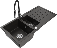 Mexen Andres granite sink 1.5-bowl with drainer and Aster kitchen faucet, black/gold metallic - 6515-75-73450-07