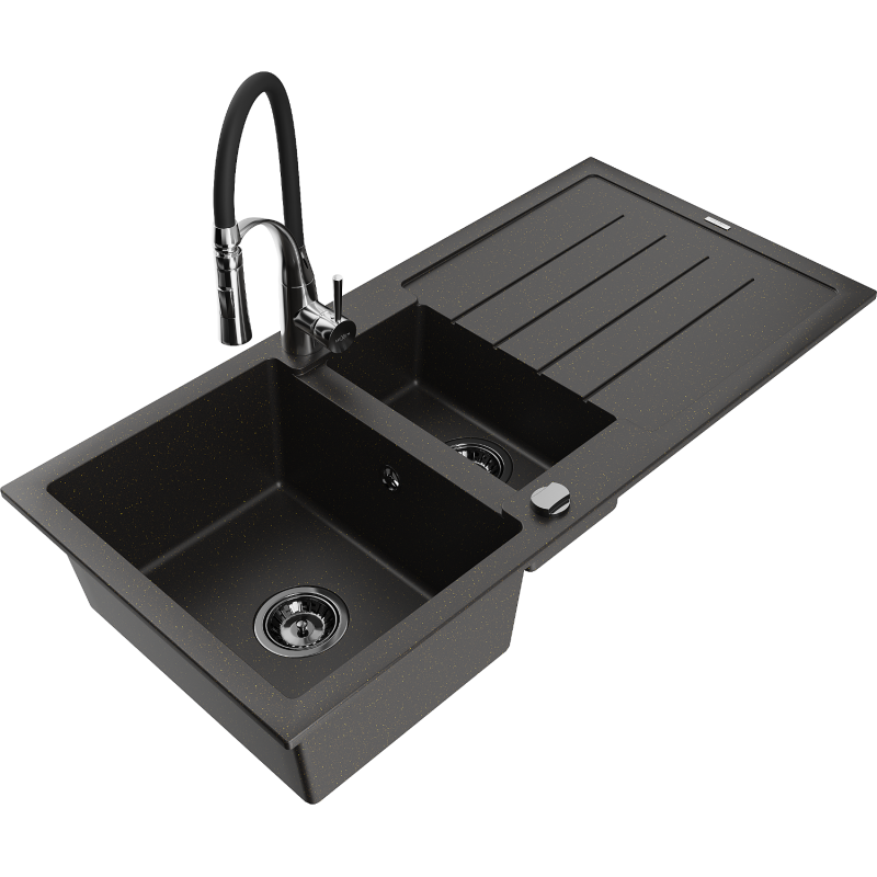 Mexen Andres 1.5-compartment granite sink with a drip tray and kitchen mixer tap Aster, Black/Gold metallic - 6515-75-73450-07-B