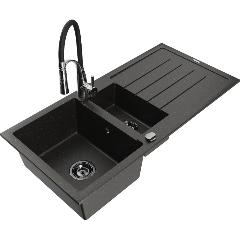 Mexen Andres granite sink 1.5-bowl with drainer and kitchen faucet Aster, black/gold metallic - 6515-75-73450-07-B