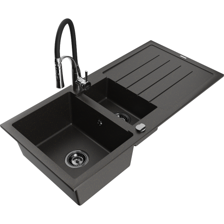 Mexen Andres granite sink 1.5-bowl with drainer and kitchen faucet Aster, black/gold metallic - 6515-75-73450-07-B