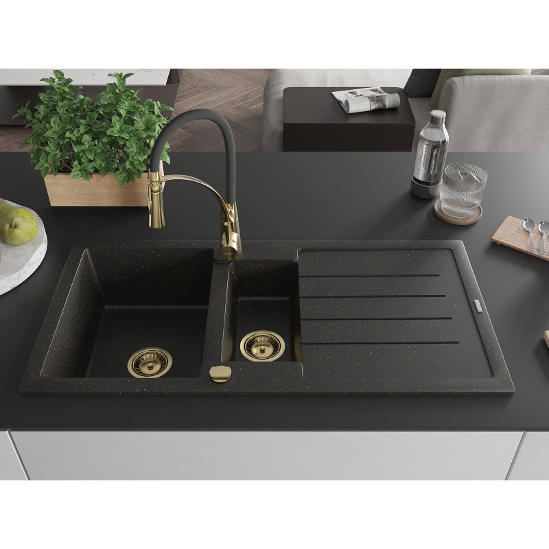 Mexen Andres granite sink 1.5-bowl with drainer and Aster kitchen faucet, black/gold metallic - 6515-75-73450-57-G