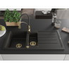 Mexen Andres 1.5-bowl granite sink with drainer and Aster kitchen faucet, black/gold metallic - 6515-75-73450-57-G
