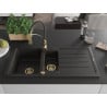 Mexen Andres granite sink 1.5-bowl with drainer and kitchen tap Aster, black/gold metallic - 6515-75-73450-57-G