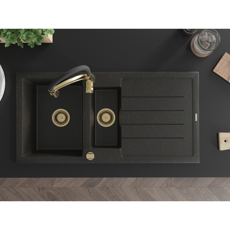 Mexen Andres granite sink 1.5-bowl with drainer and Aster kitchen faucet, black/gold metallic - 6515-75-73450-57-G