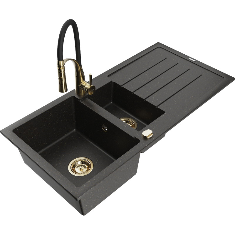 Mexen Andres 1.5-bowl granite sink with drainer and Aster kitchen faucet, black/gold metallic - 6515-75-73450-57-G
