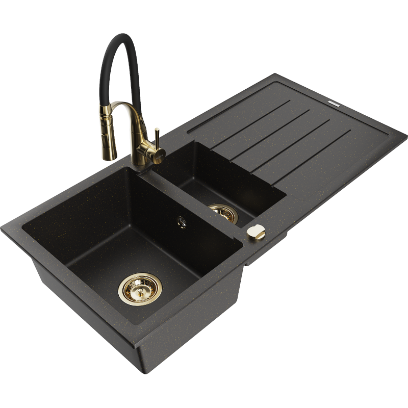 Mexen Andres 1.5-compartment granite sink with a drip tray and kitchen mixer tap Aster, Black/Gold metallic - 6515-75-73450-57-G