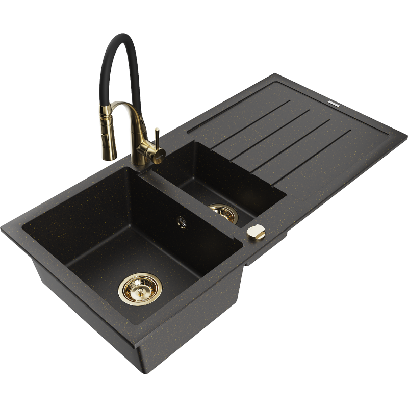 Mexen Andres granite sink 1.5-bowl with drainer and kitchen tap Aster, black/gold metallic - 6515-75-73450-57-G