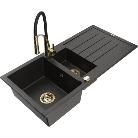 Mexen Andres 1.5-bowl granite sink with drainer and Aster kitchen faucet, black/gold metallic - 6515-75-73450-57-G