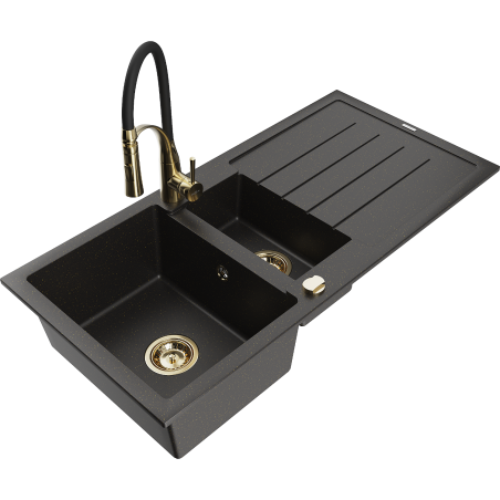 Mexen Andres granite sink 1.5-bowl with drainer and kitchen tap Aster, black/gold metallic - 6515-75-73450-57-G