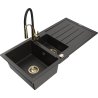 Mexen Andres granite sink 1.5-bowl with drainer and Aster kitchen faucet, black/gold metallic - 6515-75-73450-57-G