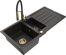 Mexen Andres granite sink 1.5-bowl with drainer and Aster kitchen faucet, black/gold metallic - 6515-75-73450-57-G