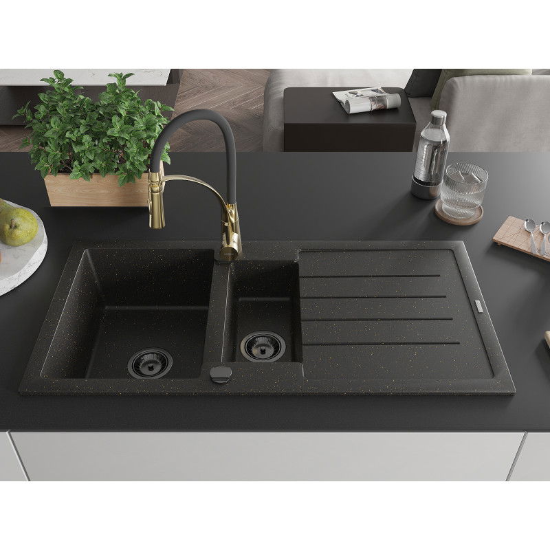 Mexen Andres granite sink 1.5-bowl with drainer and Aster kitchen tap, black/golden metallic - 6515-75-73450-57-B