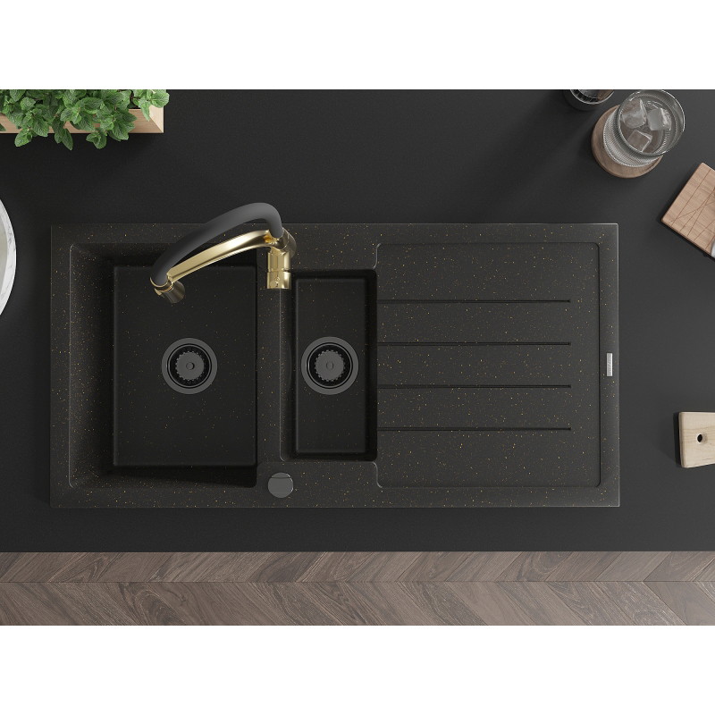 Mexen Andres granite sink 1.5-bowl with drainer and Aster kitchen faucet, black/golden metallic - 6515-75-73450-57-B
