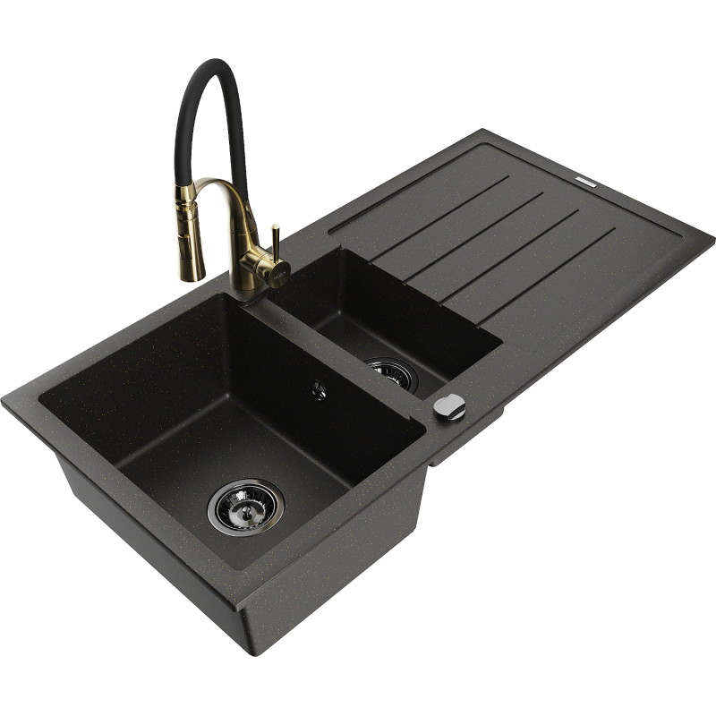 Mexen Andres granite sink 1.5-bowl with drainer and Aster kitchen faucet, black/gold metallic - 6515-75-73450-57-B
