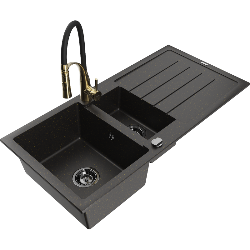 Mexen Andres granite sink 1.5-bowl with drainer and Aster kitchen tap, black/golden metallic - 6515-75-73450-57-B