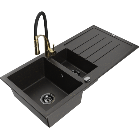Mexen Andres granite sink 1.5-bowl with drainer and Aster kitchen faucet, black/gold metallic - 6515-75-73450-57-B