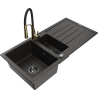 Mexen Andres granite sink 1.5-bowl with drainer and Aster kitchen faucet, black/gold metallic - 6515-75-73450-57-B