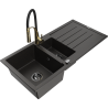 Mexen Andres granite sink 1.5-bowl with drainer and Aster kitchen tap, black/golden metallic - 6515-75-73450-57-B