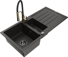 Mexen Andres granite sink 1.5-bowl with drainer and Aster kitchen tap, black/golden metallic - 6515-75-73450-57-B