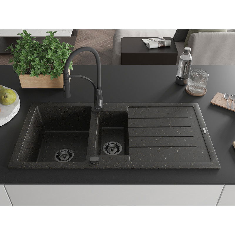Mexen Andres 1.5-bowl granite kitchen sink with drainer and Aster kitchen tap, black/gold metallic - 6515-75-73450-70-B