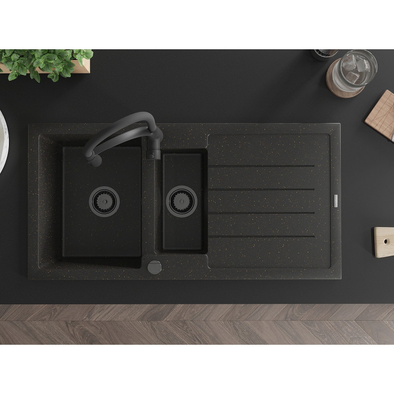 Mexen Andres granite sink 1.5-bowl with drainer and Aster kitchen faucet, black/gold metallic - 6515-75-73450-70-B