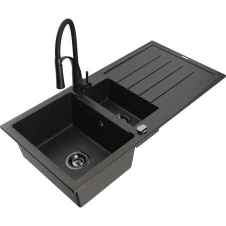 Mexen Andres granite sink 1.5-bowl with drainer and Aster kitchen faucet, black/gold metallic - 6515-75-73450-70-B