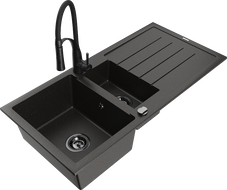 Mexen Andres 1.5-bowl granite kitchen sink with drainer and Aster kitchen tap, black/gold metallic - 6515-75-73450-70-B