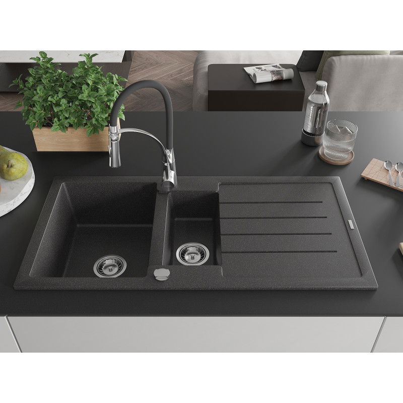 Mexen Andres 1.5-bowl granite kitchen sink with drainer and Aster tap, black speckled - 6515-76-73450-07