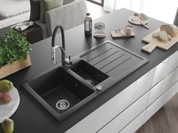 Mexen Andres 1.5-bowl granite sink with drainer and Aster kitchen faucet, black speckled - 6515-76-73450-07