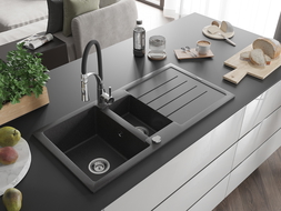 Mexen Andres 1.5-compartment granite sink with a drip tray and kitchen mixer tap Aster, spotted black - 6515-76-73450-07