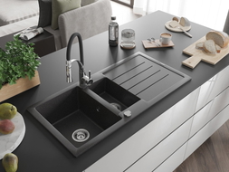 Mexen Andres granite sink 1.5-bowl with drainer and kitchen faucet Aster, black speckled - 6515-76-73450-07