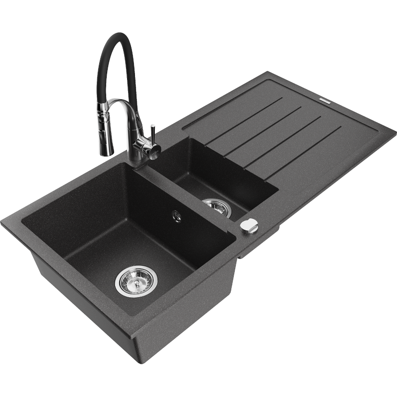 Mexen Andres 1.5-bowl granite kitchen sink with drainer and Aster tap, black speckled - 6515-76-73450-07