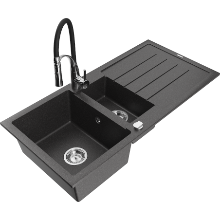 Mexen Andres 1.5-bowl granite kitchen sink with drainer and Aster tap, black speckled - 6515-76-73450-07