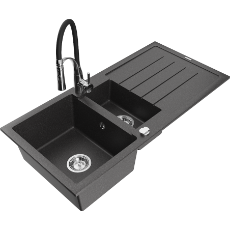Mexen Andres granite sink 1.5-bowl with drainer and kitchen faucet Aster, black speckled - 6515-76-73450-07