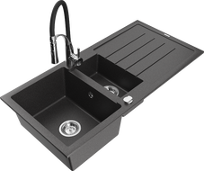 Mexen Andres 1.5-bowl granite sink with drainer and Aster kitchen faucet, black speckled - 6515-76-73450-07