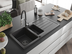Mexen Andres granite sink 1.5-bowl with drainer and Aster kitchen faucet, black speckled - 6515-76-73450-07-B