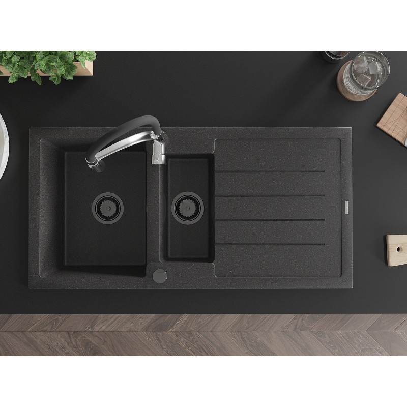Mexen Andres 1.5-bowl granite sink with drainer and Aster kitchen faucet, black speckled - 6515-76-73450-07-B