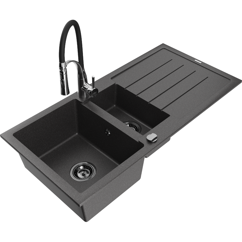 Mexen Andres 1.5-compartment granite sink with a drip tray and kitchen mixer tap Aster, spotted black - 6515-76-73450-07-B