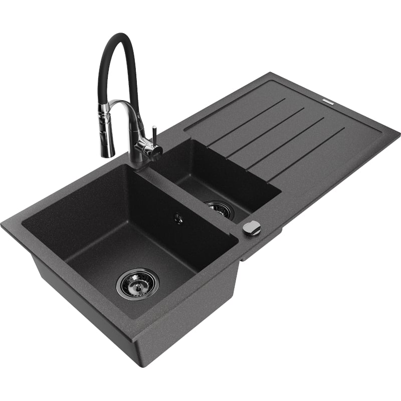 Mexen Andres granite sink 1.5-bowl with drainer and Aster kitchen faucet, black speckled - 6515-76-73450-07-B