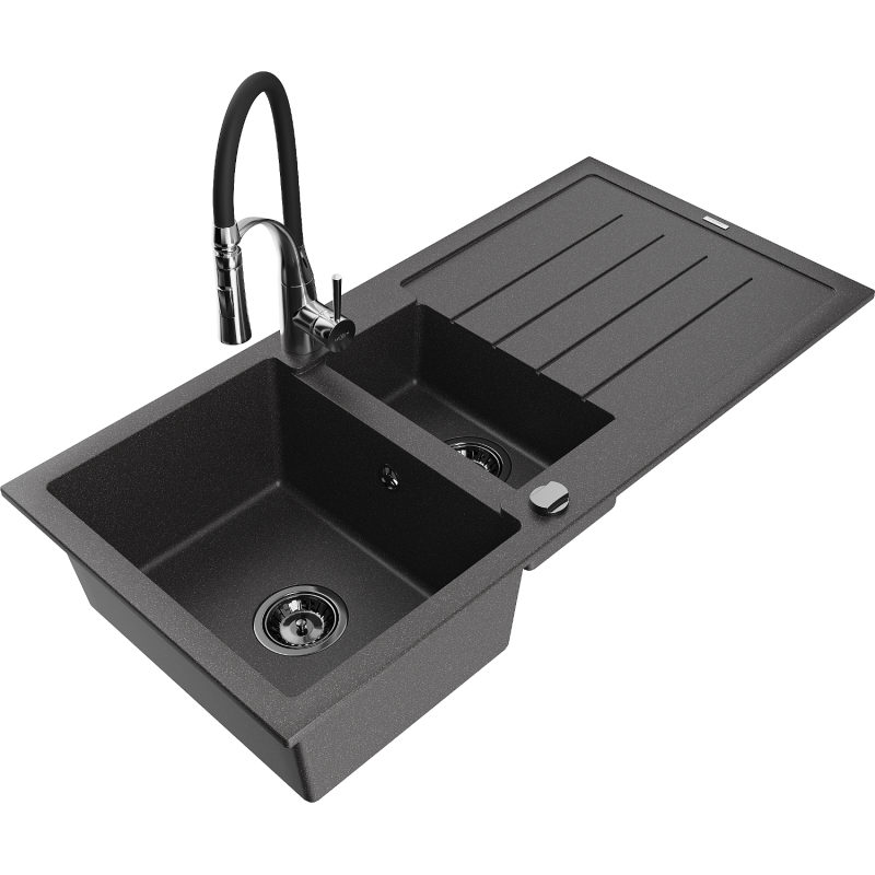 Mexen Andres granite sink 1.5-bowl with drainer and Aster kitchen tap, speckled black - 6515-76-73450-07-B