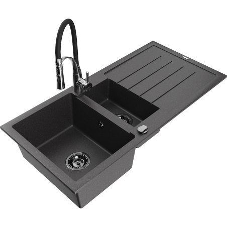 Mexen Andres granite sink 1.5-bowl with drainer and Aster kitchen faucet, black speckled - 6515-76-73450-07-B