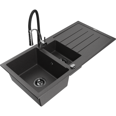 Mexen Andres granite sink 1.5-bowl with drainer and Aster kitchen tap, speckled black - 6515-76-73450-07-B