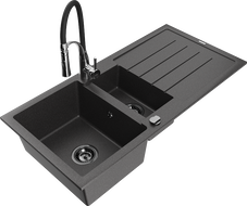 Mexen Andres 1.5-bowl granite sink with drainer and Aster kitchen faucet, black speckled - 6515-76-73450-07-B