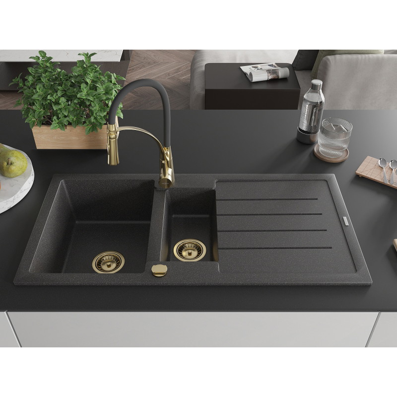 Mexen Andres granite sink 1.5-bowl with drainer and Aster kitchen faucet, black speckled - 6515-76-73450-57-G